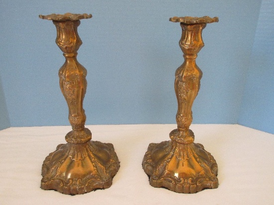 Pair - French Renaissance Revival Style Ornately Embellished 10 1/2" Candlesticks