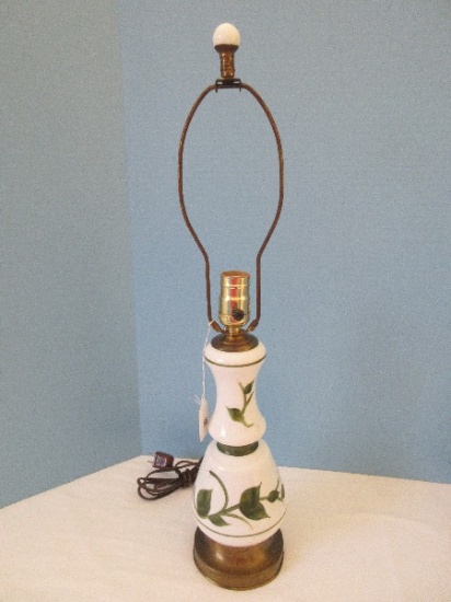 Hand Painted Foliate Design Milk Glass Font 24" Table Lamp w/ Milk Glass Sphere Finial