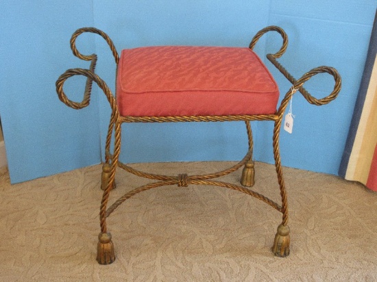 Mid-Century Hollywood Regency Style Vanity Stool Bench Braided Rope Design