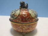 Scarce Find  Imari Footed Round Pottery Bowl w/ Lid Hand Painted Bamboo Landscape