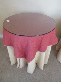 Sturdy Round Particle Board Table w/ Mauve & Ecru Table Clothes Beveled Glass Top