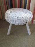 Vintage Round White Wicker Three Leg Stool