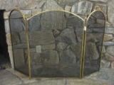 Tri-Fold Arched Brass Frame Fireplace Screen w/ Black Mesh Finial Accents