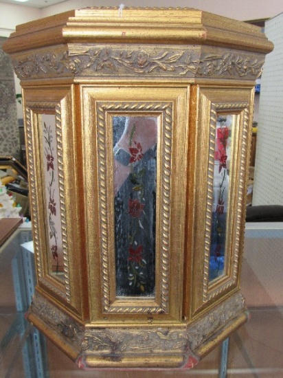 Vintage Gilted/Ornate Wooden Design Hexagonal Display/Décor w/ Rose Glass Sides