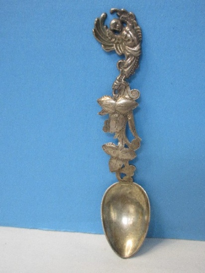Antique Sterling Silver Figural Angel & Pierced Foliate Pattern handle 4 3/8" Demitasse Spoon