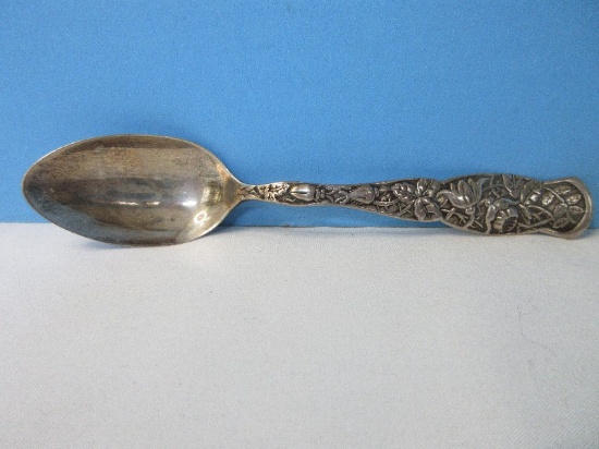 Antique Repousse Sterling Silver 6" Teaspoon Back Engraved "Marion Dec. 25th 1887"