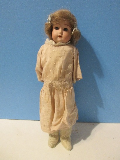 Antique Germany Porcelain 12 1/2" Doll w/ Open Mouth, Blue Eyes & Blonde Wig Stuffed