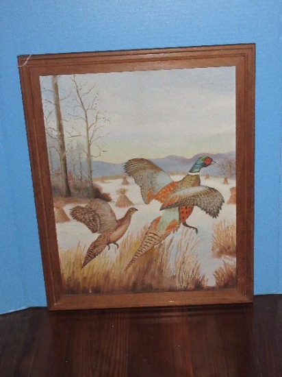 Pheasants Mid-Flight Fall Landscape Scene Original Art Work on Artist Board Rustic Pine Frame