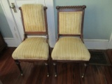 Pair - Victorian Era Style Walnut Parlor Chairs Barley Twist Upholstered Backs/Seats