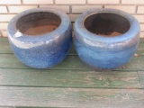 Pair - Stoneware Cobalt Mottled Glaze Finish Cupped Rim