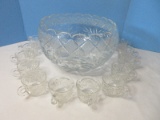 Vintage Heavy Pressed Glass Etched Flower/Foliage Pattern Punch Bowl