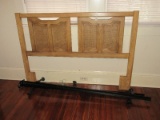 Oak Queen/Full Size Headboard w/ Molded Cane Panels & Metal Bed Frame