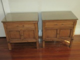 Pair - Lane Furniture Walnut Night Stands w/ Protective Glass Tops
