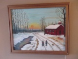 Red School Winter Landscape Scene Original Art Work On Board in Frame