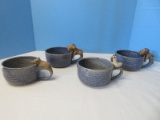 Set - 4 Pottery Soup Mugs Blue Speckle Glaze w/ Various Animals on Handles