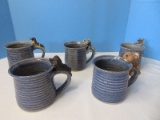 5 Pottery Mugs Blue Speckle Glaze w/ Various Animal Figures on Handles Dogs & Tiger