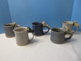 5 Pottery Mugs Shades of Blue Speckle Glaze w/ Various Animal Figures on Handles