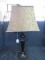 Black Spindle Body Tall Adjustable Arm Lamp w/ Brown Leaf Pattern Shade
