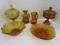 Amber Glass Lot - Scroll Divided Dish, Floral Bowl, Crackle Glass Pitcher, Raised Candy Bowls