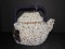 Highly Unusual White Bead Wood/Wicker Teapot w/ Cups/Saucers/Forks Pattern Décor Basket