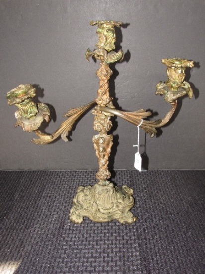 Tall Metal Ornate/Embellished Scroll Floral Design 3 Arm Candlestick Holder Antique Patina