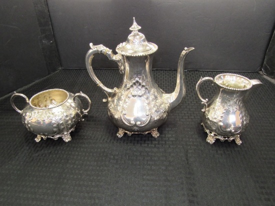 Beautiful English Silverplate Floral Scroll Etched Design Tall Carafe, Sugar/Creamer