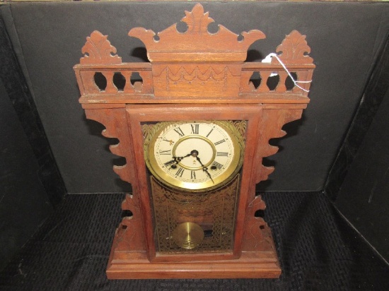 The New Haven Clock Co. Vintage Clock Wooden Curved Sides, Bannister Design Top