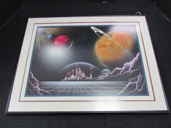 Awesome Vintage Sci-Fi Landscape Scene Lithograph Artist Signed in Matt/Black Frame