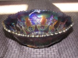 Iridescent Indiana Glass Bowl Floral Pattern Sawtooth Motif Rim