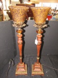 Pair - Metal Red/Gilted Antique Design Lamp Amber Scallop Top