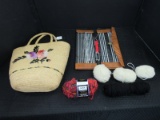 Knitting/Sewing Lot - Knitting Handles w/ Red, White, Black Yards in Wicker Bag