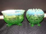 Fenton Pair Green to Fade Rim Glass Crimped Rim Bowls, 1 Bead Pattern