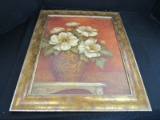 White Flowers in Ornate Planter Print in Antique Patina Design Wood Frame/Matt