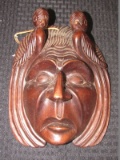 Wooden Carved Face Mask w/ 2 Birds Wall Décor