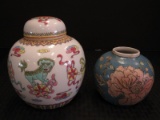 Ceramic Lot - Asian Foo Dog Pattern Urn Jar, Blue/Pink Floral Urn Jar