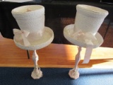 Pair - Humorous Pink Spindle Lamps w/ Top Hat White Wicker Shades, Pink Bows