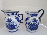 Ceramic Pair Blue Floral Pattern Pitcher Vases