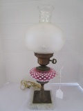 Tall Oil to Electric Lamp Metal Body Hobnail Clear/Ruby Glass Center on Marble Base