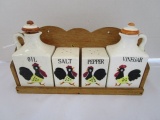Vintage Ceramic Japan Rooster Motif Oil, Salt, Pepper, Vinegar on Wood Stand