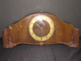 Gingham Vintage Wooden Mantle Clock Ribbed Columns, Scroll Trim, Scallop Center