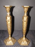 Pair - Crescut Silver Mfg. Scrolled Village Scene Design Candle Holders