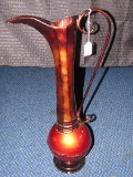 Tall Red/Brown Antique Patina Metal Décor Pitcher Vase, Scroll Handle