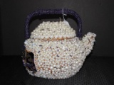 Highly Unusual White Bead Wood/Wicker Teapot w/ Cups/Saucers/Forks Pattern Décor Basket