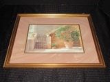 Potted Plant/Iron Gate Scene Picture Print Artist L. David in Gilted Wood Frame/Matt