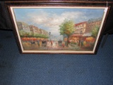 Hand Painted Paris Street Scene Oil on Canvas Antique Patina Wood Frame/Matt
