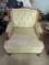 Vintage Wooden Cream Upholstered Floral Pattern Arm Chair, Wave Trim Top, Scroll Feet