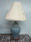 Large Blue Ceramic Scalloped Body/Gilted Trim Lamp w/ Wood Scroll Base w/ White Shade