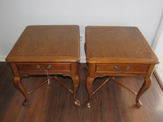 Pair - Wooden Side Tables 1 Drawer Brass Pulls Curved Legs to Pad Feet, Spindle Cross Stretcher