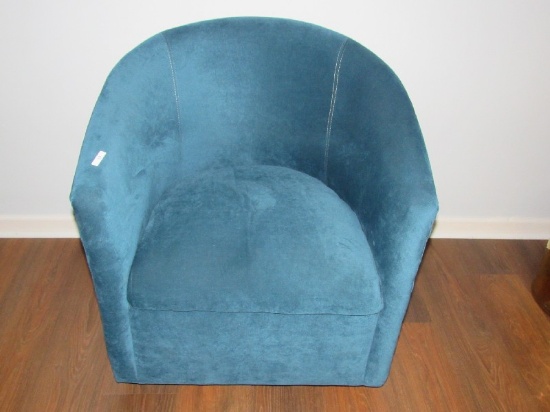Turquoise Blue Upholstered Carved Back Chair Rotating Metal Base