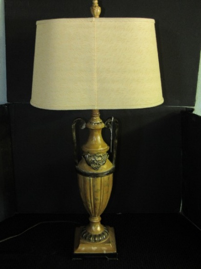 Tall Gilted Urn Vase, Twin Handle Design Lamp, Antique Patina Scroll Center w/ Shade